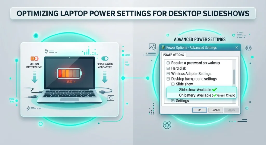 Windows 11 Desktop Background Black? How to Restore Your Wallpaper 4 Infographic mapping the Windows Advanced Power Options panel to set the desktop background slideshow to available during power savings