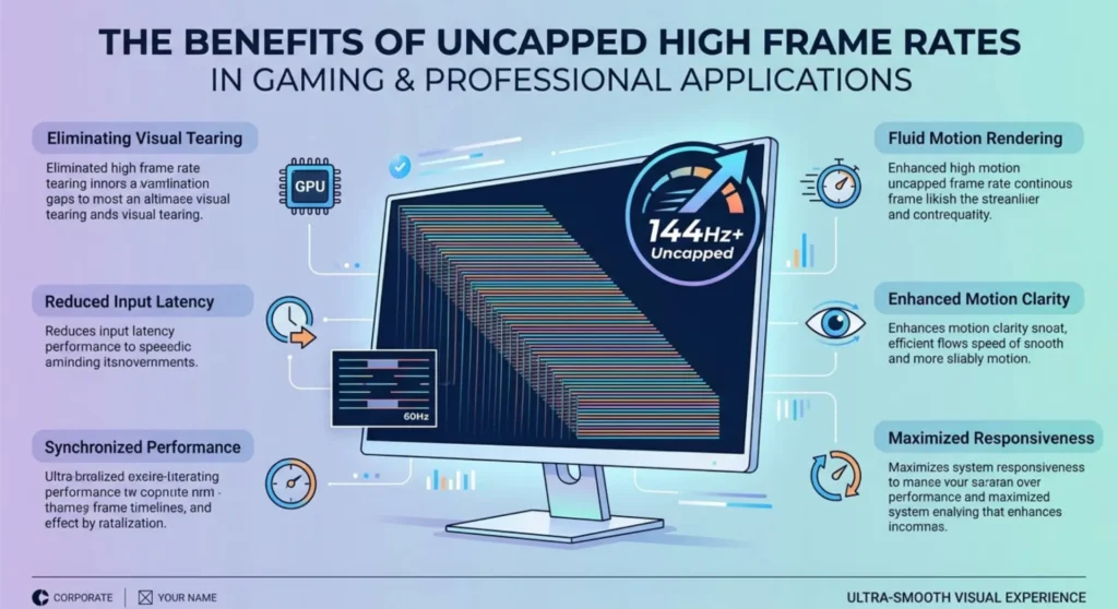 Infographic showing high refresh rate performance at 144Hz+ with an uncapped frame rate stack reducing tearing visibility