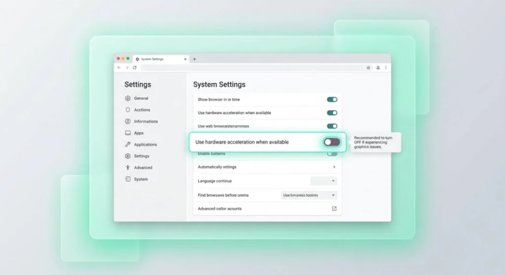 Instructional graphic showing a web browser settings page with hardware acceleration toggled off