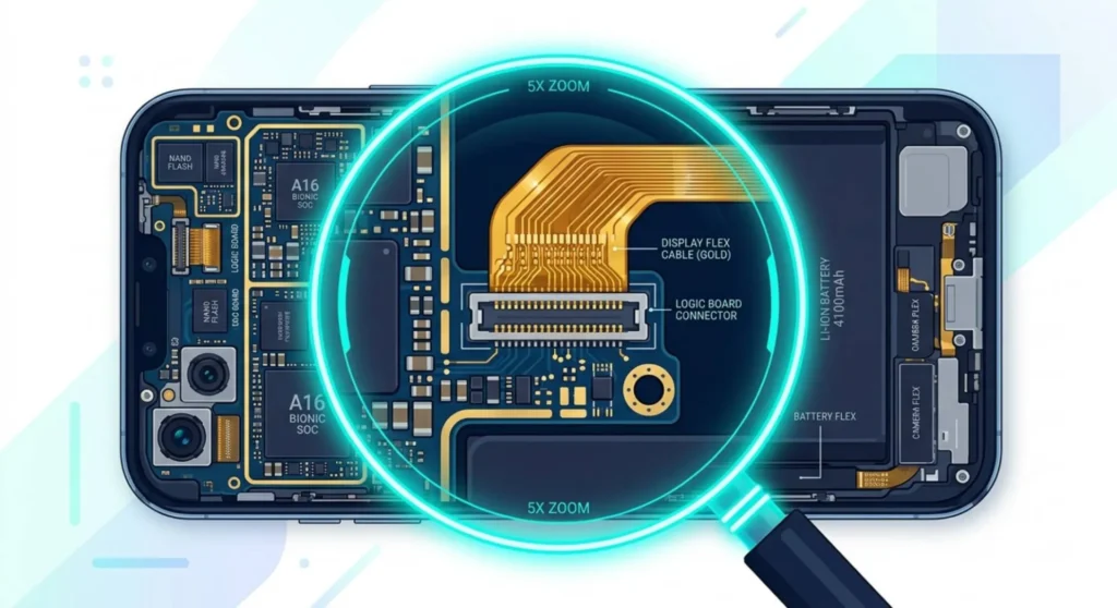 Internal hardware illustration of a smartphone logic board, focusing on the display flex cable connection to diagnose white screen defects