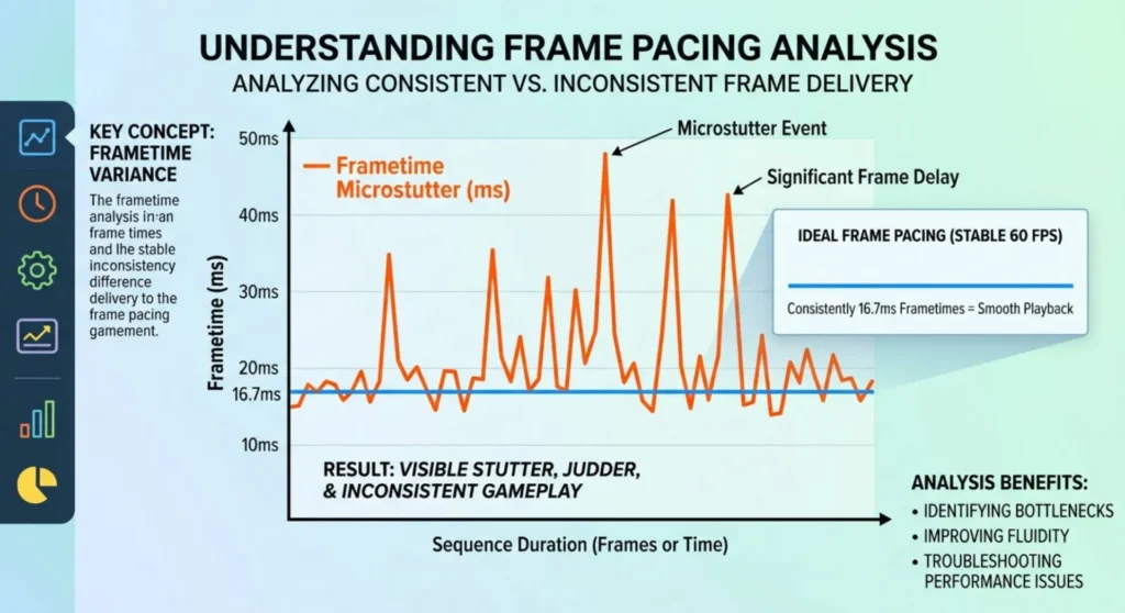 Line graph detailing frame pacing microstutter, illustrating uneven frametime delivery spikes that mimic screen tearing