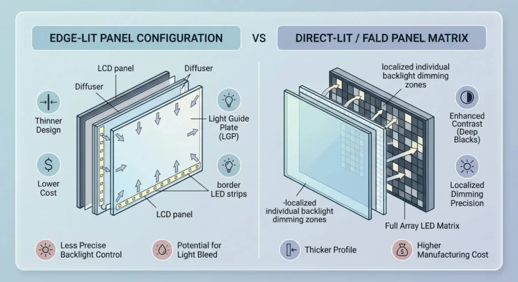 Minimal technical graphic comparing edge-lit monitor architecture against direct-lit panels with localized full-array dimming zones