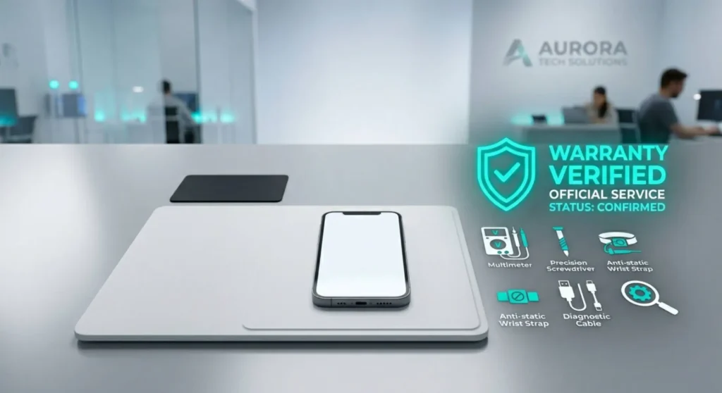 Professional smartphone repair workbench concept illustrating hardware diagnostics and official warranty check procedures