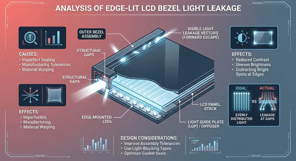 Technical diagram illustrating the mechanical cause of backlight bleed, showing edge LEDs leaking white light through structural gaps in a monitor bezel frame