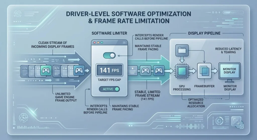 Technical diagram of a driver-level frame rate limiter dashboard setting a precise frame cap to stabilize frame pacing