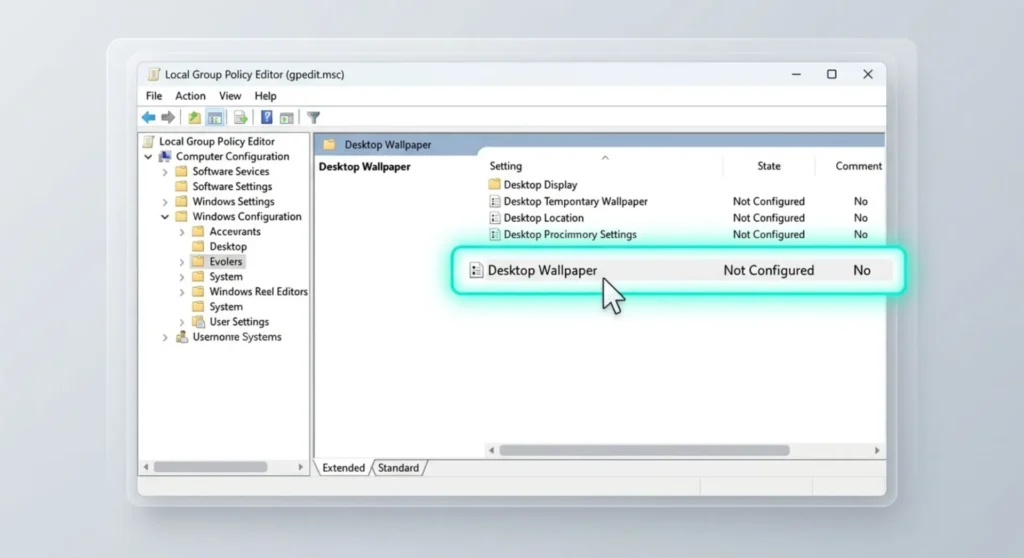 Windows 11 Desktop Background Black? How to Restore Your Wallpaper 5 Technical diagram of the Local Group Policy Editor showing desktop wallpaper restrictions set to not configured to allow custom backgrounds