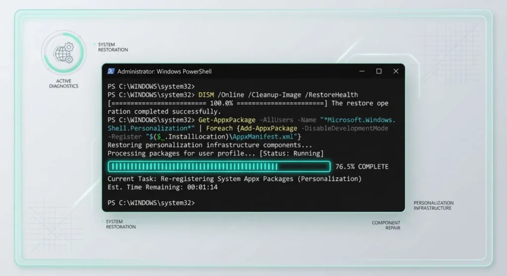 Windows 11 Desktop Background Black? How to Restore Your Wallpaper 9 Technical diagram showing how to use elevated PowerShell commands to repair and restore corrupted Windows personalization infrastructure files