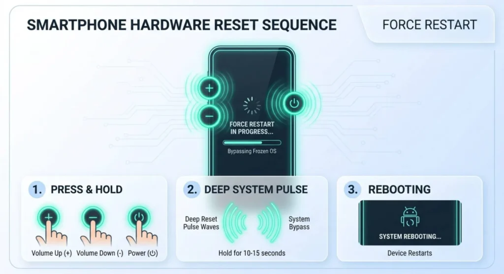 Technical diagram showing the specific hardware button combinations used to force restart a frozen smartphone with a white screen