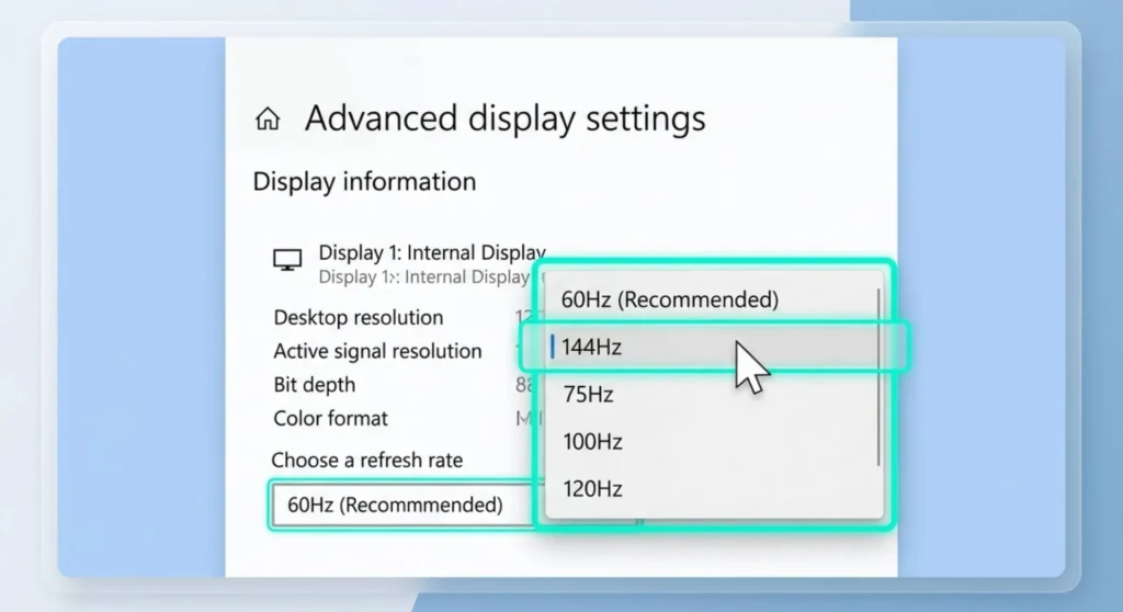 Technical graphic of the Windows 11 Advanced Display settings panel, highlighting the refresh rate dropdown menu