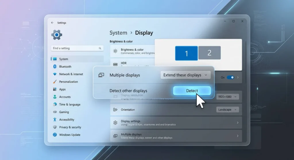 Technical graphic showing the Windows 11 Display Settings panel, highlighting the manual Detect button to force external monitor recognition
