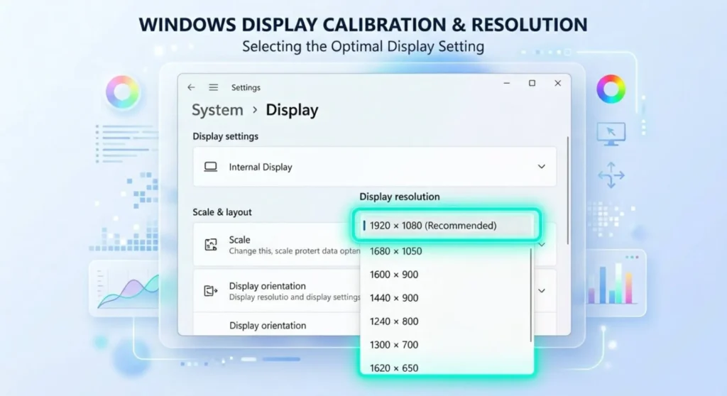 Technical graphic showing the Windows display resolution settings dropdown with the recommended native resolution selected