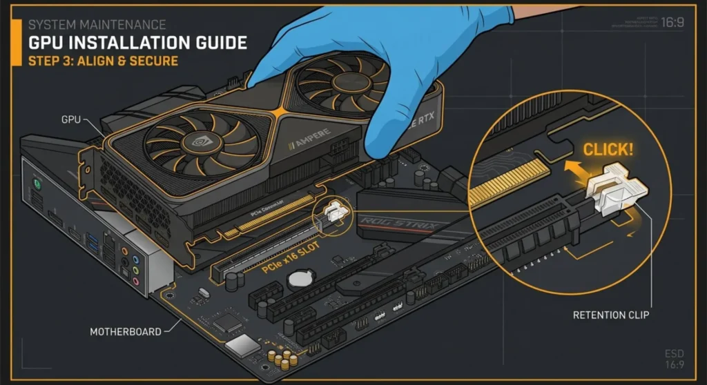 Technical illustration demonstrating how to properly reseat a dedicated graphics card into a motherboard's PCIe expansion slot