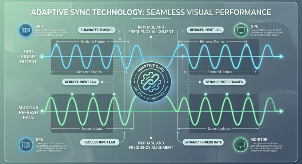Technical infographic demonstrating adaptive sync, showing perfect alignment between GPU frame output and monitor refresh rate waves