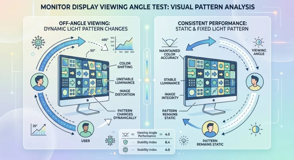 Technical infographic illustrating a monitor viewing angle test to differentiate between shifting IPS glow and static backlight bleed
