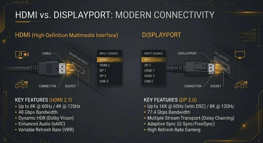 Technical infographic illustrating an HDMI and DisplayPort cable interface alignment check along with a monitor input source selection menu