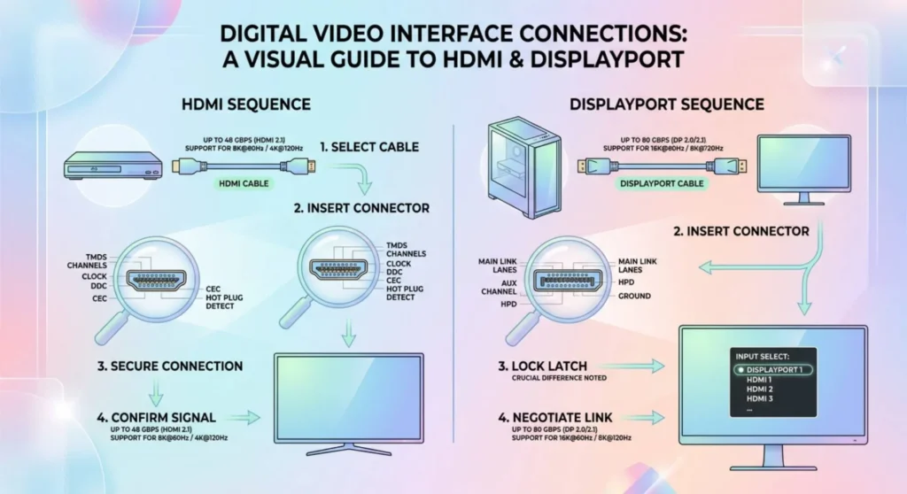 Technical infographic illustrating basic monitor hardware checks, focusing on cable inspection and input source selection settings