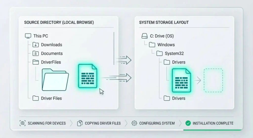 Technical layout demonstrating downloading and extracting a monitor's specific INF driver configuration file from a manufacturer page