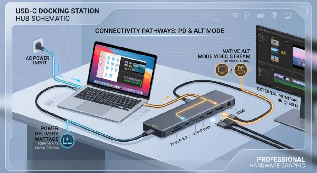 Technical layout of a multi-port USB-C docking station connected to a laptop, illustrating power delivery and display passthrough paths