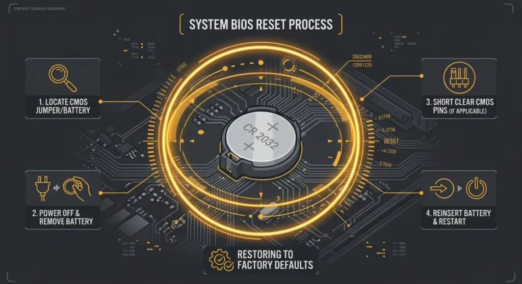Technical layout showing a motherboard CMOS battery removal procedure to clear corrupted BIOS display output configurations