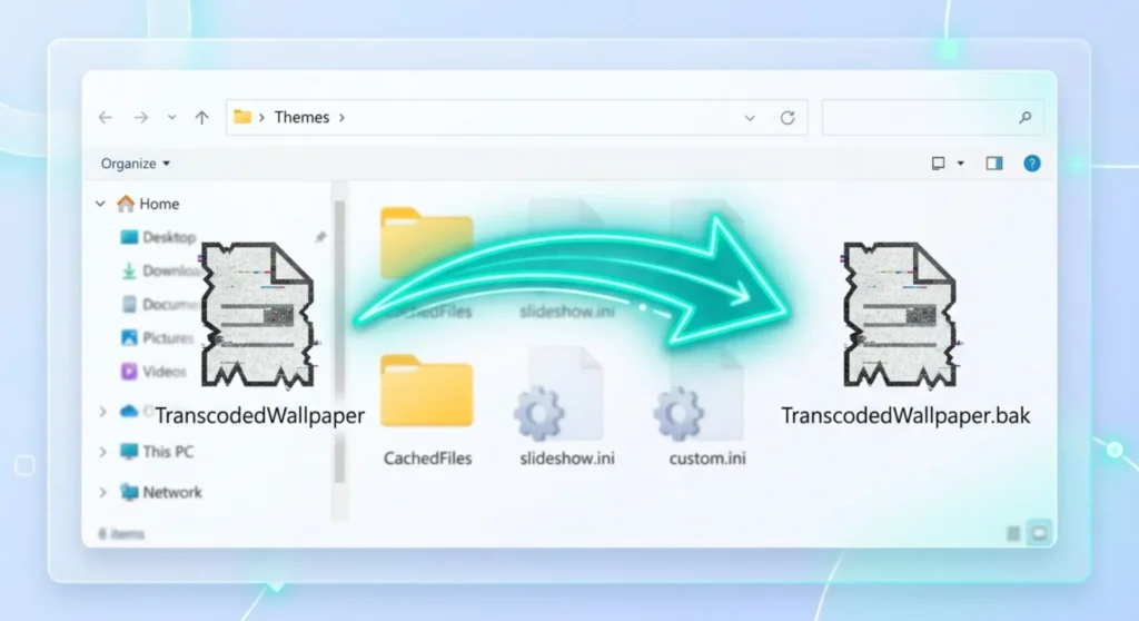 Windows 11 Desktop Background Black? How to Restore Your Wallpaper 3 Technical layout showing the Windows Themes directory, illustrating how to rename the corrupted TranscodedWallpaper cache file