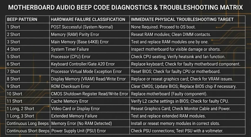 Troubleshooting reference matrix charting motherboard POST beep error codes and their related hardware diagnostic meanings