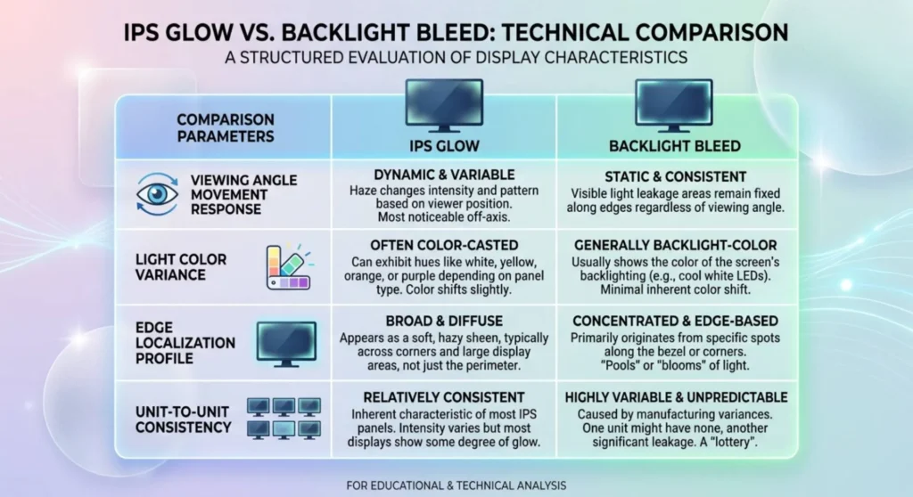 Troubleshooting reference matrix comparing IPS glow and backlight bleed across movement tracking, color temperature, and defect classification